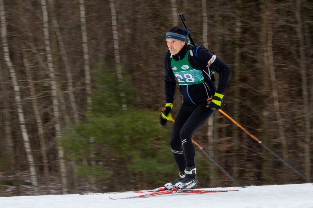 Brian Dooley competes in a biathlon at Camp Ethan Allen Training Site, Jericho, Vt., March 7, 2017. Vermont Army National Guard photo by Spc. Avery Cunningham