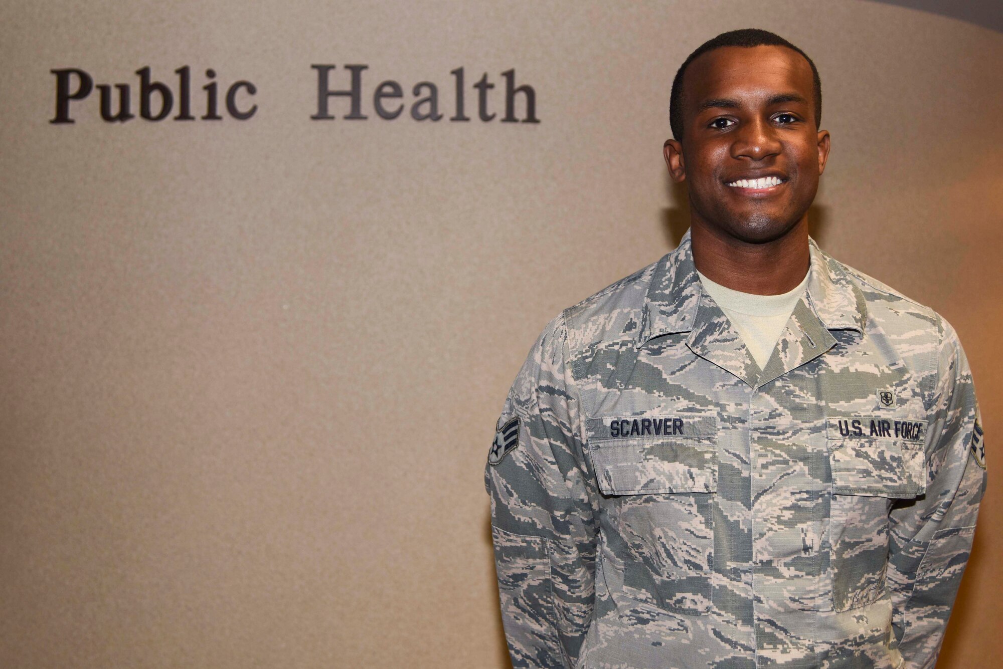 U.S. Air Force Senior Airman Devante Scarver, 19th Aerospace Medicine Squadron public health technician, recently took top honors at the Air Force level for the Air Force Medical Service Awards March 6, 2017, at Little Rock Air Force Base, Ark. Scarver won USAF Public Health Airmen of the Year for fiscal year 2016. (U.S. Air Force photo by Senior Airman Stephanie Serrano)