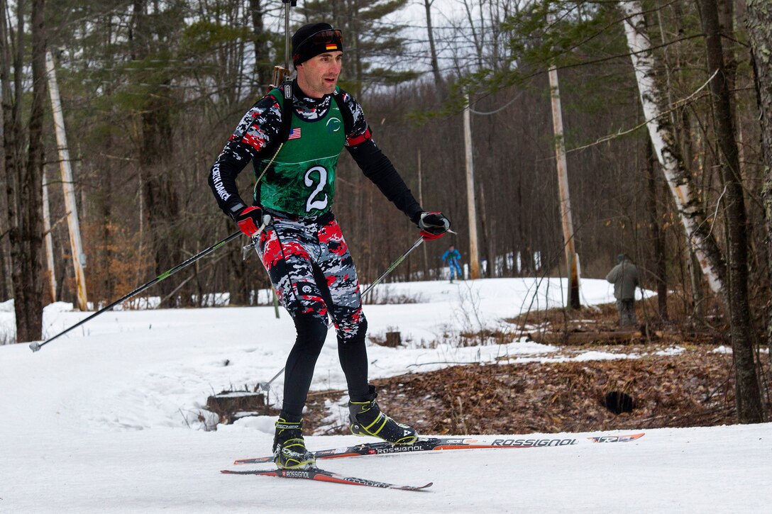 North Dakota Army National Guard Capt. Robert Meland competes in a biathlon at Camp Ethan Allen Training Site in Jericho, Vt., March 7, 2017. Army National Guard photo by Spc. Avery Cunningham