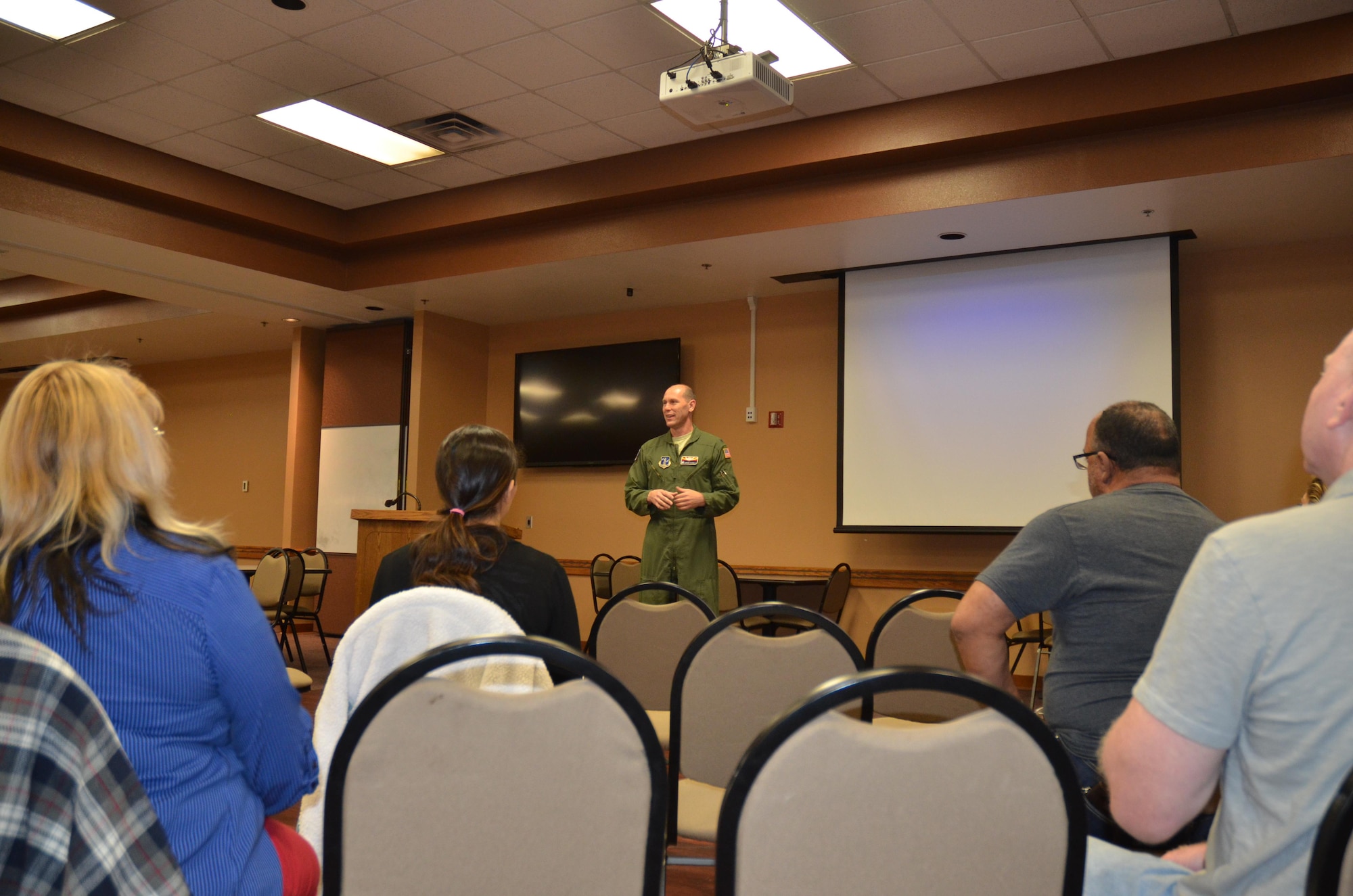 Col. Troy Daniels, 161st Air Refueling Wing commander, addresses Applied Suicide Intervention Training participants, during a training session, March 9. (U.S. Air National Guard photo by 2nd Lt. Tinashe Machona).