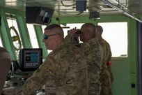 Kuwait-The Soldiers of the LCU2013 Churubusco- a Landing Craft Utility vessel from Detachment 1, 481st Transportation Company, California, perform a grid pattern search for the personnel of 77th Combat Aviation Brigade, Arkansas, and Bravo company, 1-111th Aviation Regiment, Florida, during a personnel recovery mission replicating a downed aircraft scenario, Feb. 13. 
(Photo by Army Sgt. 1st Class Suzanne Ringle/Released)