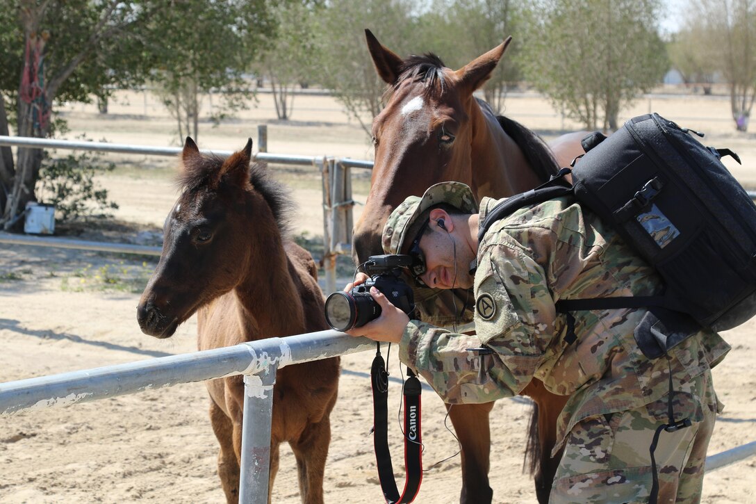 Army Sgt. Marco Gutierrez, photojournalist 350th public affairs detachment, is greeted by a mother horse and her foal March 7, 2017 at the Kuwait Department of Defense. He is capturing video of the 195th Medical Detachment Veterinary Service as they perform their military to military project the United States has with its host nation of Kuwait (U.S. Army photo by Sgt. Tom Wade, USARCENT PAO)