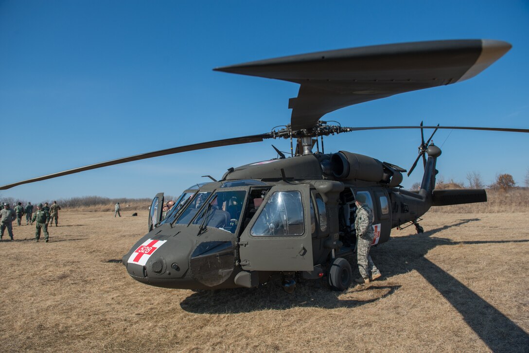 Members of the 934th Aeromedical Evacuation Squadron, 7405th Troop Medical Clinic, and 7212th Medical Support Unit familiarize themselves with a UH-60 Blackhawk helicopter during a joint service medical evacuation training on March 4th, 2017 at Arden Hills Army Training Site. (U.S. Air Force photo by Senior Airman Samuel Wacha)