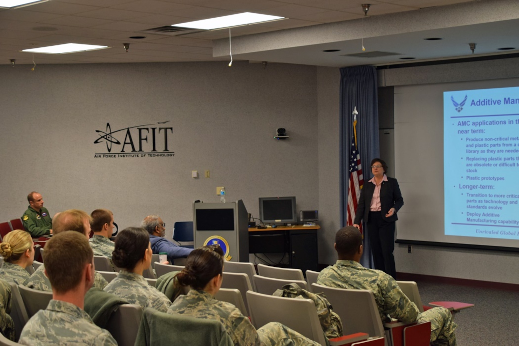 AFIT hosted Dr. Donna Cowell Senft, a Senior Leader Executive and Chief Scientist for Air Mobility Command (AMC) at Scott Air Force Base on 3 February 2017.    She serves as the AMC commander's scientific adviser, providing authoritative scientific counsel, technical advice, and guidance throughout the command on AMC core area technical programs. Dr. Senft also advises on the status of scientific and technical (S& T) quality of AMC, AF and DOD programs and solutions to AMC mission area needs engages subject area experts and conducts efforts leading to the technological enhancement of AMC capabilities.