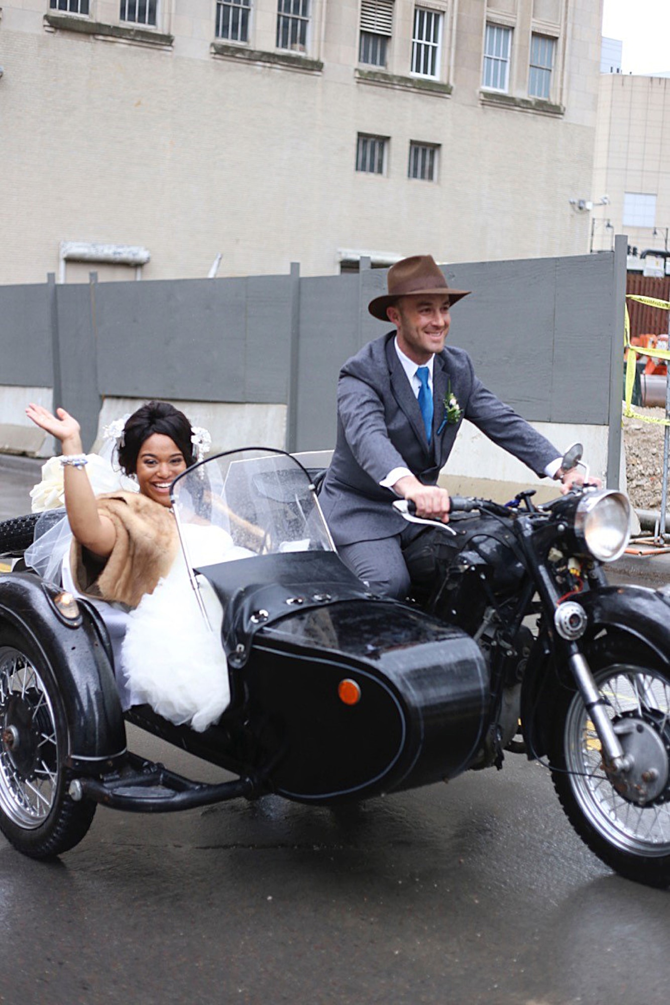 U.S. Air Force Capt. Renee Cassidy, the 509th Maintenance Operations officer in charge, and Capt. Justin Cassidy, the 13th Aircraft Maintenance Unit officer in charge, depart on their motorcycle following a vow renewal ceremony in Kansas City, Mo., May 2015. (Courtesy photo)