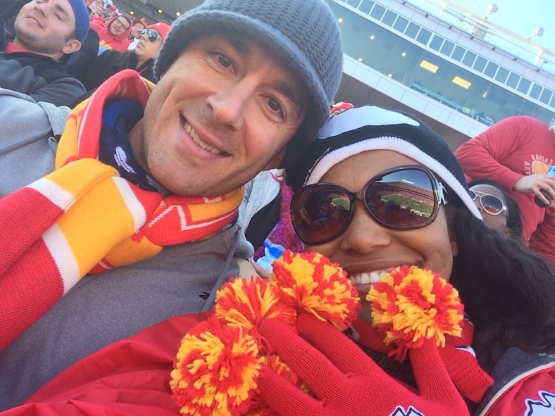U.S. Air Force Capt. Justin Cassidy, the 13th Aircraft Maintenance Unit officer in charge, and Capt. Renee Cassidy, the 509th Maintenance Operations officer in charge, display their team spirit during a Kansas City Chiefs’ football game in Kansas City, Mo., in 2015. The Cassidys met while stationed at Ellsworth Air Force Base, S.D., in 2009. Fast-forward eight years, the joint-military couple is currently stationed at Whiteman Air Force Base, Mo., raising their son, Carson, and preparing to purchase their first home together. (Courtesy photo)