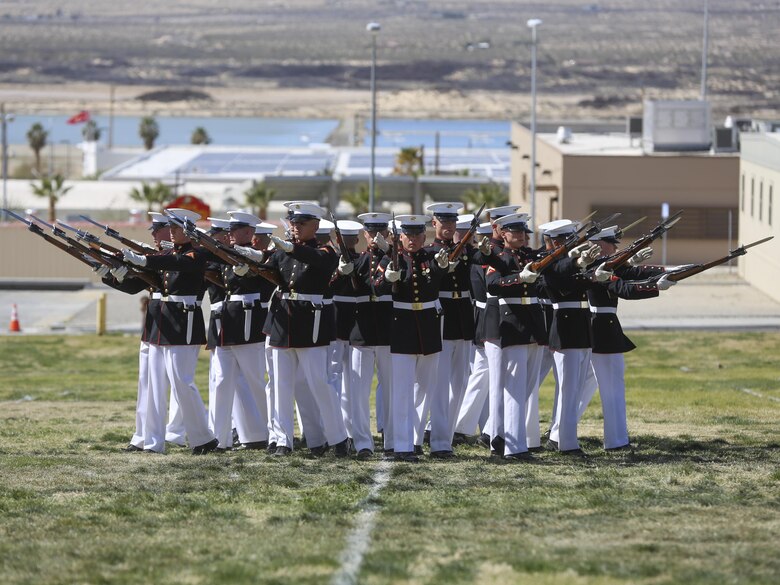 The U.S. Marine Corps Silent Drill team exemplifies the pride and professionalism of the Marine Corps during the Battle Color Ceremony at Lance Cpl. Torrey L. Gray Field aboard Marine Corps Air Ground Combat Center, Twentynine Palms, Calif., March 8, 2017. The U.S. Marine Corps Battle Color Detachment travels worldwide annually to demonstrate the discipline and “Esprit de Corps” of Marines. (U.S. Marine Corps photo by Lance Cpl. Natalia Cuevas)