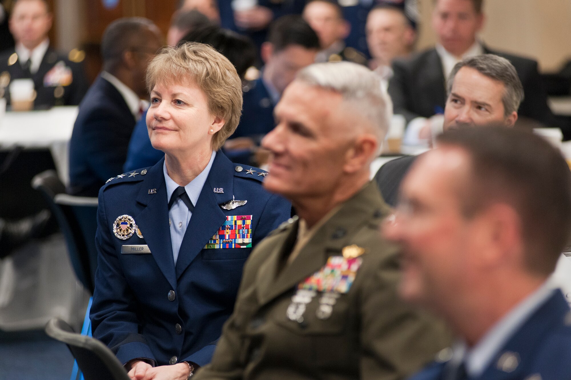 Lt. Gen. Maryanne Miller, the chief of Air Force Reserve and commander, Air Force Reserve Command, discusses her top priorities for the Air Force Reserve during the House National Guard and Reserve Caucus breakfast on Capitol Hill, March 8.  The event featured service chiefs from the Reserve and Guard components and members of Congress. The NGRCC advocates legislative and policy initiatives for National Guard and Reserve. (U.S. Air Force photo/Tech. Sgt. Kat Justen)
