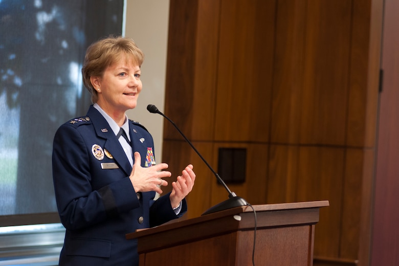 Lt. Gen. Maryanne Miller, the chief of Air Force Reserve and commander, Air Force Reserve Command, discusses her top priorities for the Air Force Reserve during the House National Guard and Reserve Caucus breakfast on Capitol Hill, March 8.  The event featured service chiefs from the Reserve and Guard components and members of Congress. The NGRCC advocates legislative and policy initiatives for National Guard and Reserve. (U.S. Air Force photo/Tech. Sgt. Kat Justen)
