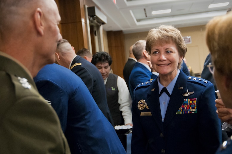 Lt. Gen. Maryanne Miller, the chief of Air Force Reserve and commander, Air Force Reserve Command, discusses her top priorities for the Air Force Reserve during the House National Guard and Reserve Caucus breakfast on Capitol Hill, March 8.  The event featured service chiefs from the Reserve and Guard components and members of Congress. The NGRCC advocates legislative and policy initiatives for National Guard and Reserve. (U.S. Air Force photo/Tech. Sgt. Kat Justen)
