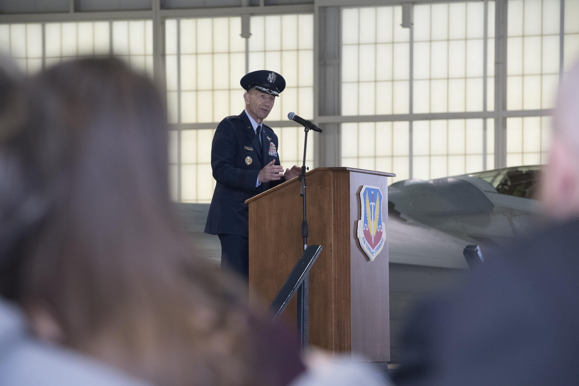 Gen. James M. Holmes, commander, Air Combat Command, speaks during ACC’s Change of Command ceremony at Joint Base Langley-Eustis, Va., March 10, 2017. Holmes assumed command from Gen. Herbert “Hawk” Carlisle, who retired after 39 years of service to the Air Force. (U.S. Air Force photo by Staff Sgt. Nick Wilson)