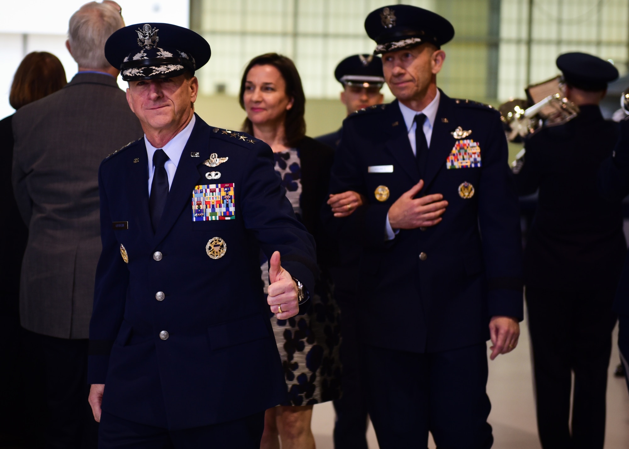 U.S. Air Force Chief of Staff Gen. David L. gives the thumbs up during ACC’s Change of Command ceremony at Joint Base Langley-Eustis, Va., March 10, 2017. During the ceremony, Gen. James M. Holmes assumed command from Gen. Herbert “Hawk” Carlisle, who retired after 39 years of service to the Air Force. 
