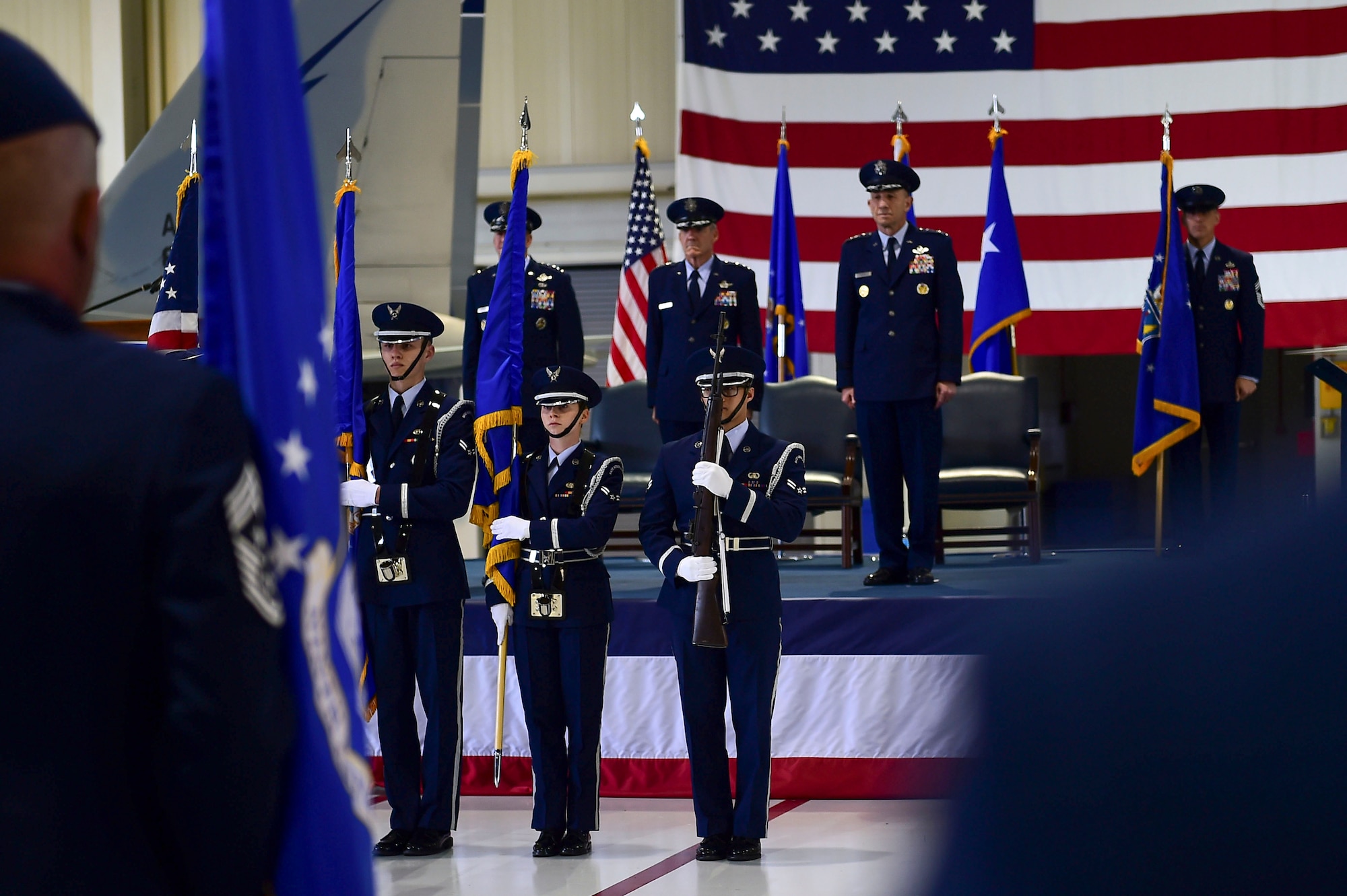 Langley Air Force Base Honor Guard members present the colors at the Air Combat Command Change of Command ceremony at Joint Base Langley-Eustis, Va., March 10, 2017. U.S. Air Force Gen. James M. Holmes assumed command of ACC from Gen. Herbert “Hawk” Carlisle, who retiresd after 395 years of service to the Air Force. (U.S. Air Force photo by Senior Airman Kimberly Nagle)