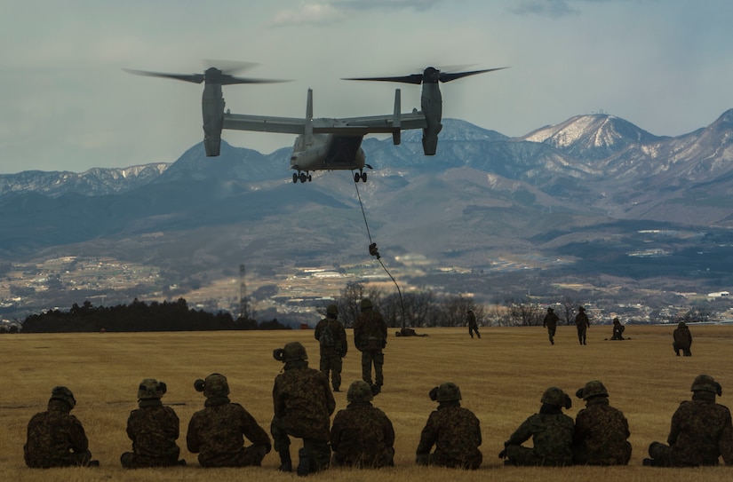 Members of the Japanese Ground Self-Defense Force, 30th Infantry Regiment, 12th Brigade, Eastern Army fast rope out of an MV-22B Osprey tiltrotor aircraft  during Forest Light 17-1 at Camp Soumagahara on Mar. 9, 2017. Forest Light is a routine, semi-annual exercise conducted by U.S. and Japanese forces in order to strengthen interoperability and combined capabilities in defense of the U.S.-Japanese alliance. (U.S. Marine Corps photo by Cpl. Kelsey Dornfeld)
