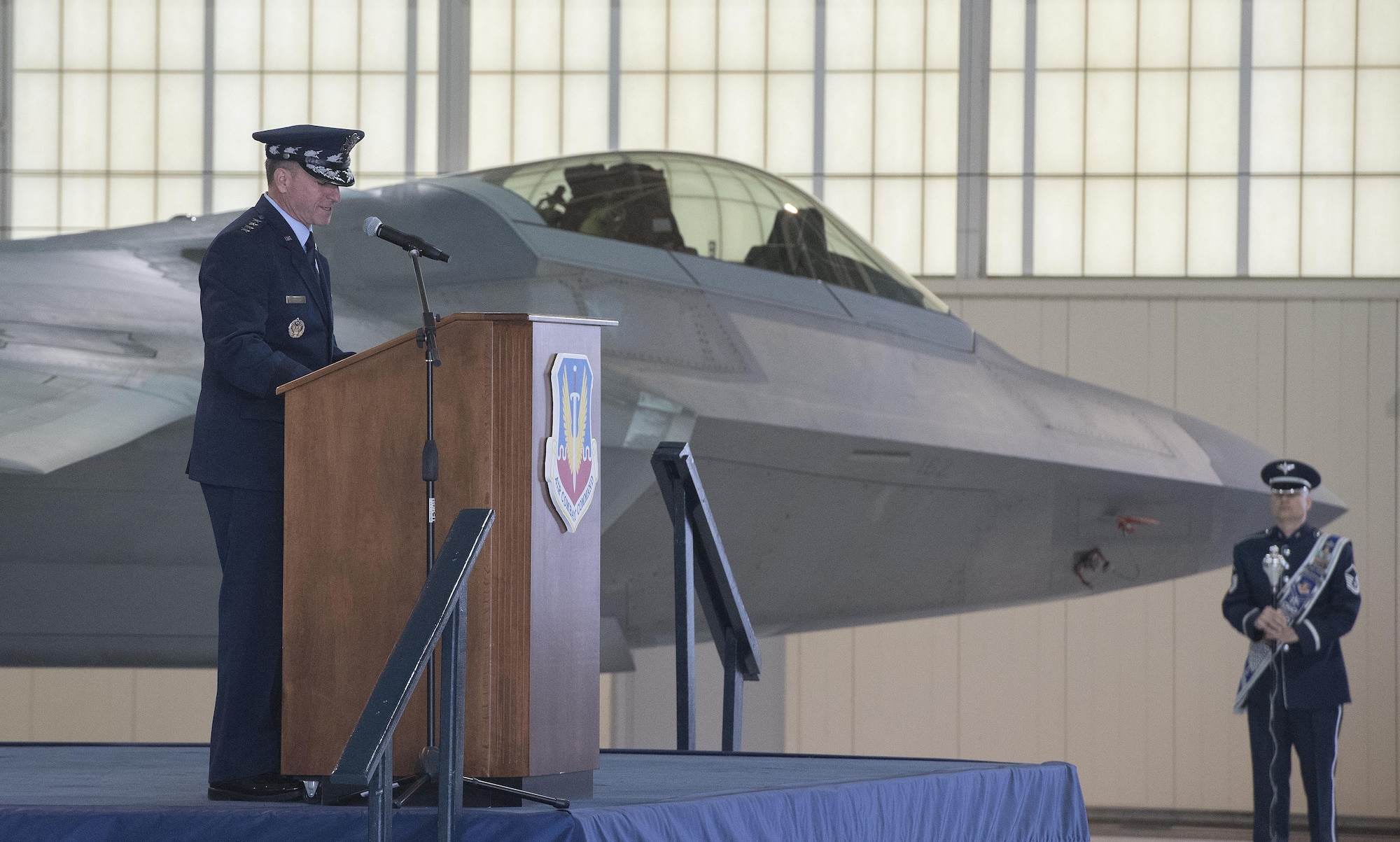 U.S. Air Force Chief of Staff Gen. David L. Goldfein speaks during ACC’s Change of Command ceremony at Joint Base Langley-Eustis, Va., March 10, 2017. Gen. James M. Holmes assumed command from Gen. Herbert “Hawk” Carlisle, who retired after 39 years of service to the Air Force. (U.S. Air Force photo/Senior Airman Kimberly Nagle)