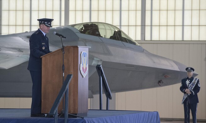 U.S. Air Force Chief of Staff Gen. David L. Goldfein speaks during Air Combat Command's change of command ceremony at Joint Base Langley-Eustis, Va., March 10, 2017. Gen. James M. Holmes assumed command from Gen. Herbert “Hawk” Carlisle, who retired after 39 years of service to the Air Force. (U.S. Air Force photo/Senior Airman Kimberly Nagle)