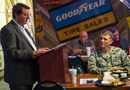Tripp Holmgrain, San Antonio Area Eagle Scout Alumni Association executive director, speaks to members at Chester's Hamburgers March 8, 2017. The association meets on the second Wednesday of every month and sponsors Troop 1021 on the southside of San Antonio. (U.S. Air Force photo by Benjamin Faske)
