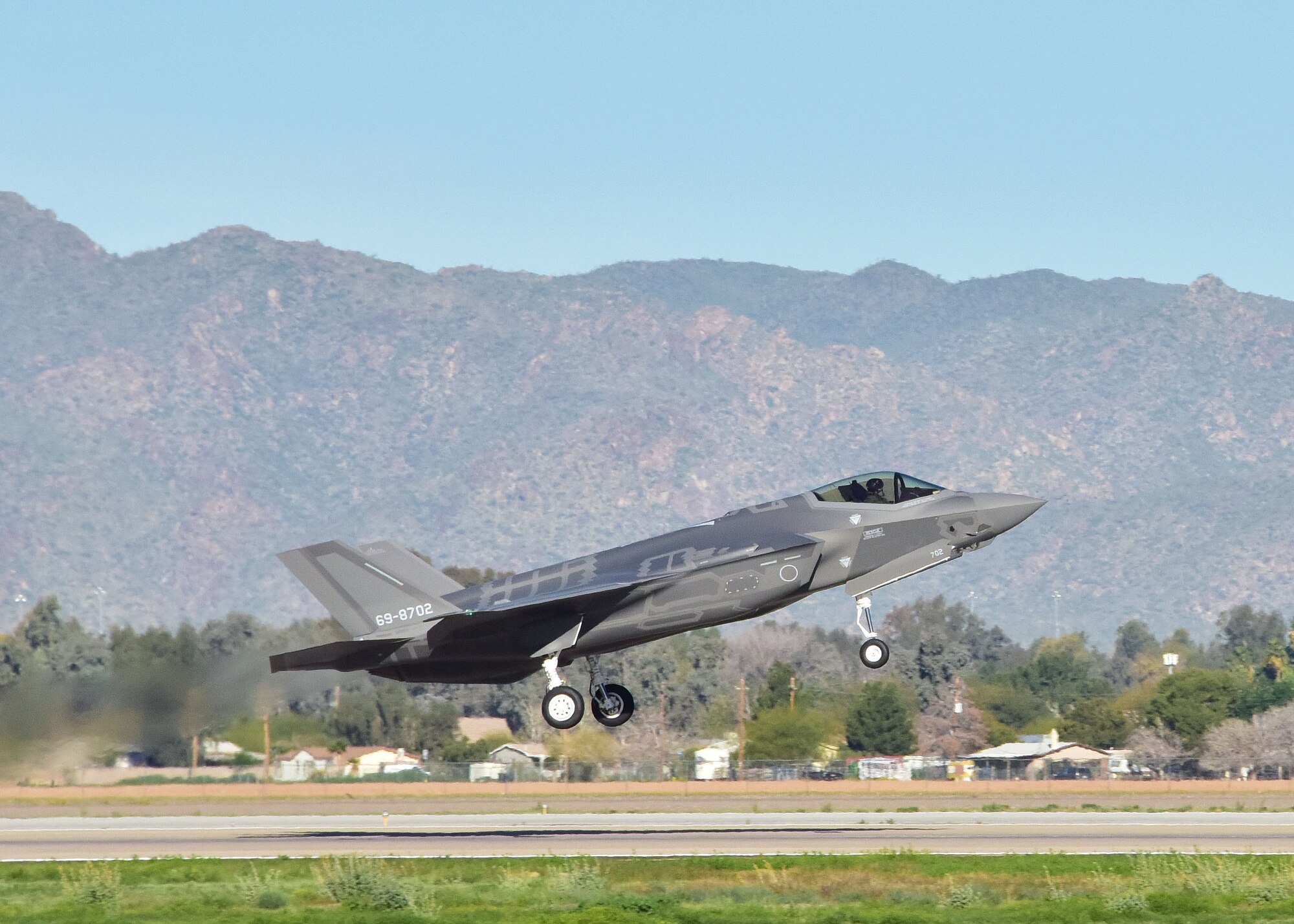 Maj. Michael “Frog” Hobson, 944th Operations Group Detachment 2, takes-off on an F-35A Mar. 7 during the 100th sortie milestone at Luke Air Force Base, Ariz. (U.S. Air Force photo by Tech. Sgt. Louis Vega Jr.)