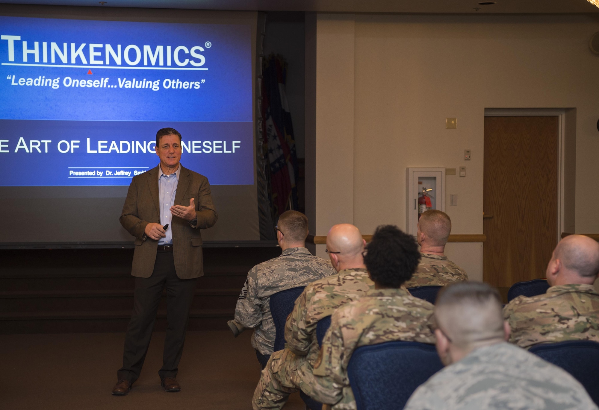 Dr. Jeffrey Smith, Thinkenomics president, leads a course on, “The Art of Leading Oneself” to security forces members at F.E. Warren Air Force Base, Wyo., March 9, 2017. Thinkenomics offers a unique approach to developing an organizational culture that begins with self-leadership.” The course demonstrates that leadership starts by first improving the personal leadership style used, which in return will increase the productivity of those being lead.
 (U.S. Air Force photo by Staff Sgt. Christopher Ruano)
