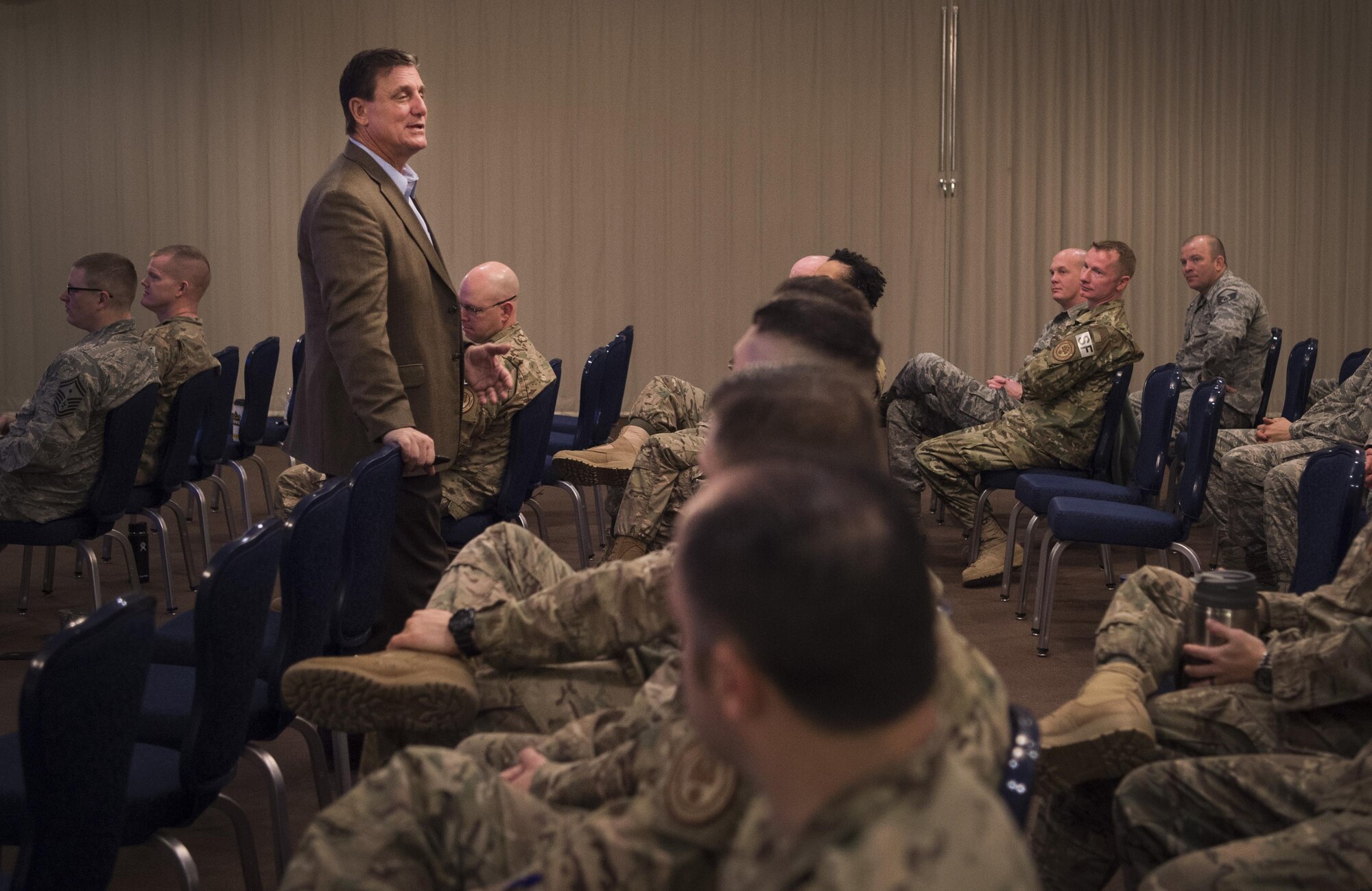 Dr. Jeffrey Smith, Thinkenomics president, leads a course on, “The Art of Leading Oneself” to security forces members at F.E. Warren Air Force Base, Wyo., March 9, 2017.  The course lasted for four days and was specifically geared at reaching defenders in the 90th Security Forces Group. (U.S. Air Force photo by Staff Sgt. Christopher Ruano)