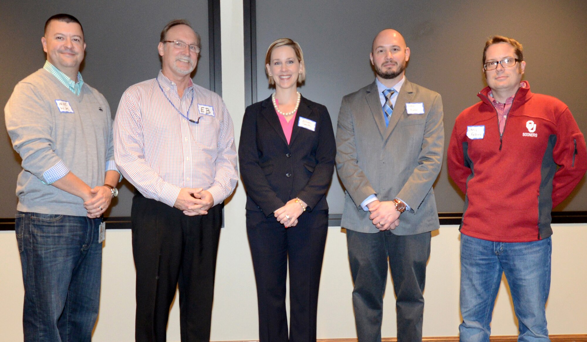 The 72nd ABW Civilian Mentoring Council leadership team, from left, Michael Wiles, 72nd ABW/SCOS, technology officer; Eb Bauer, 72nd ABW/XPX, president; Allison Smith, 72nd ABW/JAJ, vice president; Justin Kuefler, 72nd FSS/FSDEB, curriculum development officer; and Chris Fellows, 72nd LRS/LGRDF, lead logistics officer. Not Pictured: Brent Burgess, 72nd LRS/DO, operations officer; Robert Kroupa, 72nd OSS/OSW, public affairs officer, and Lea Johnson, 72nd MDSS/CCS, assistant logistics officer. (Air Force photo by Kelly White)