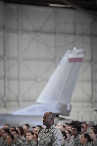 Lt. Col. Antwan Hopkins, wing chief of staff and comptroller flight commander, serves as the flight commander for a formation of the 149th Fighter Wing, Texas Air National Guard during a retirement ceremony honoring Command Chief Master Sgt. George Longoria at Joint Base San Antonio-Lackland, Texas, Feb. 25, 2017. Longoria retires after 35 years of military service. (U.S. Air National Guard photo by Tech. Sgt. Eric L. Wilson)