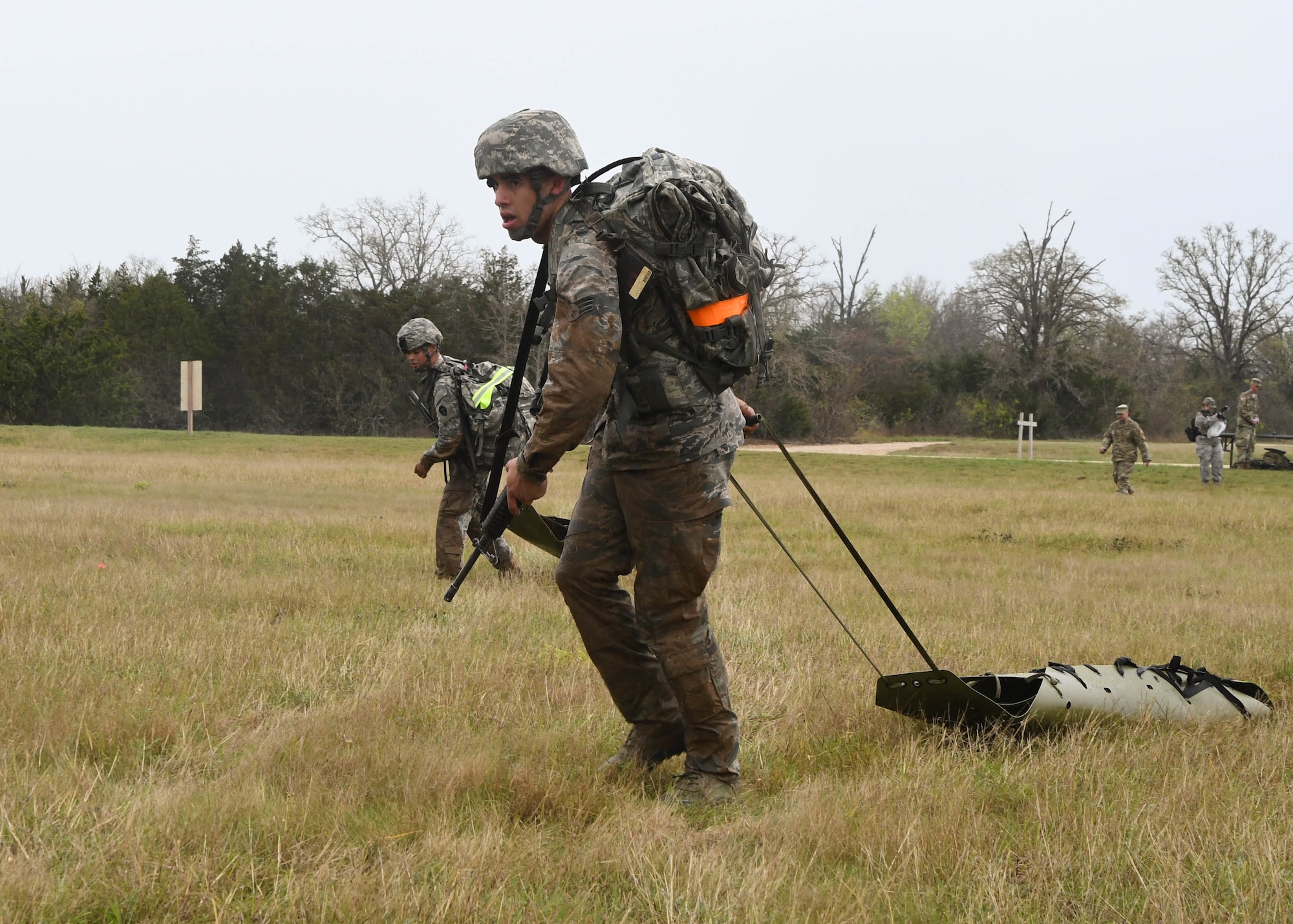 U.S. Air Force Senior Airman Orlando Duarte, an aerospace propulsion mechanic with the 149th Fighter Wing, Texas Air National Guard, headquartered at Joint Base San Antonio-Lackland, Texas, pulls a weighted sled during the 2017 Texas Military Department’s Best Warrior Competition, March 4, 2017, Camp Swift, Bastrop, Texas. The sled pull was an obstacle that was a part of the mystery event at the BWC. (Air National Guard photo by Senior Airman De’Jon Williams)