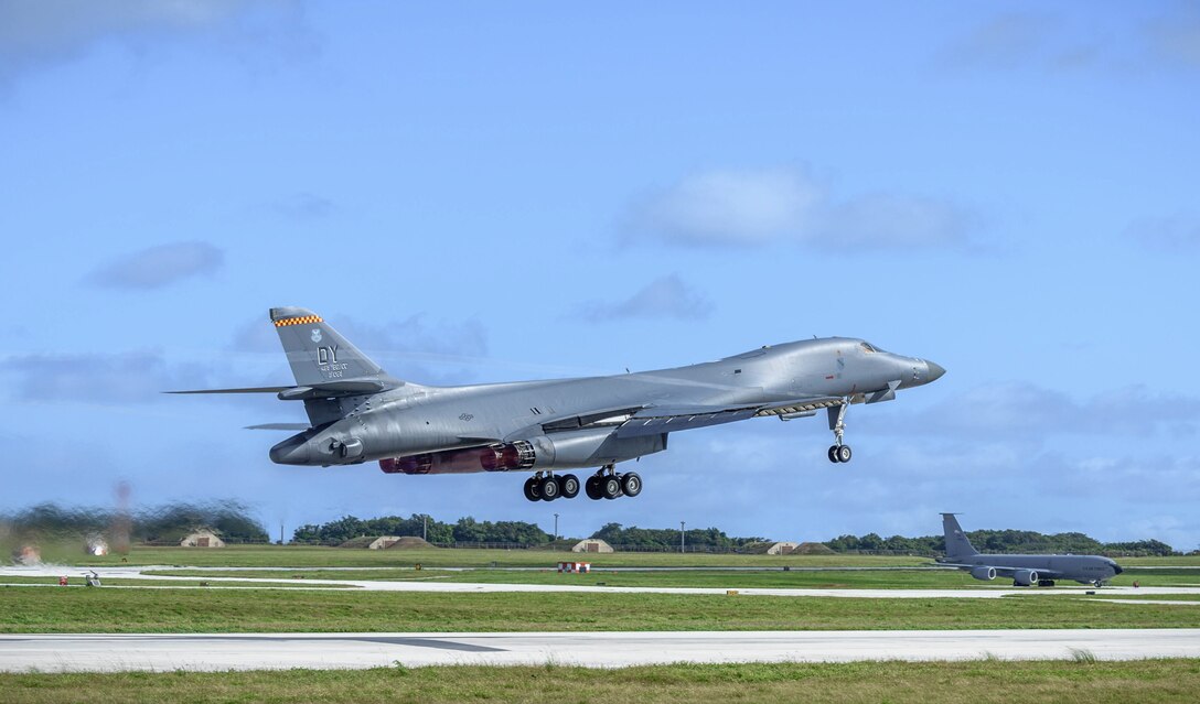 A U.S. Air Force B-1B Lancer assigned to the 9th Expeditionary Bomb Squadron, deployed from Dyess Air Force Base (AFB), Texas, takes off March 10, 2017, at Andersen AFB, Guam. The B-1B's are deployed to Andersen as part of U.S. Pacific Command's (USPACOM) Continuous Bomber Presence operations. This forward deployed presence demonstrates continuing U.S. commitment to stability and security in the Indo-Asia-Pacific region. Most importantly, these bomber rotations provide Pacific Air Forces and USPACOM commanders an extended deterrence capability.  (U.S. Air Force photo by Airman 1st Class Jacob Skovo)