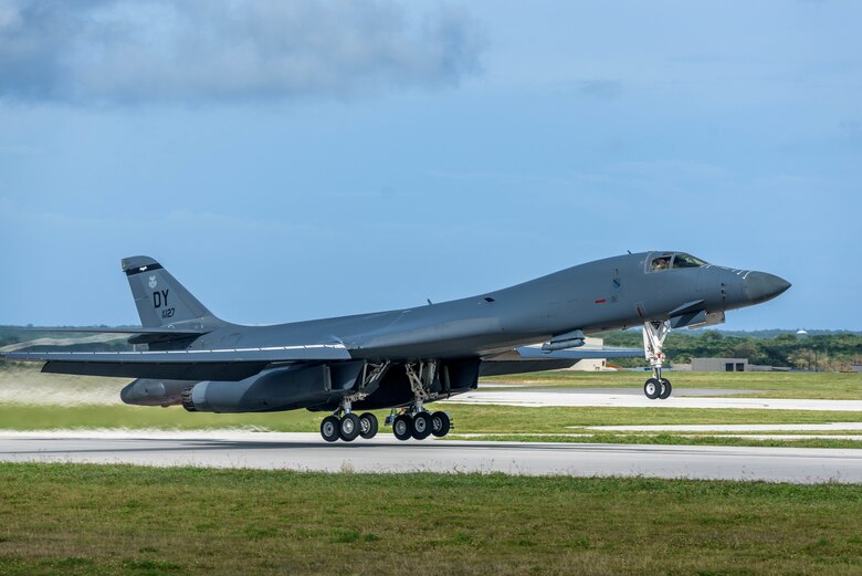 A U.S. Air Force B-1B Lancer assigned to the 9th Expeditionary Bomb Squadron, deployed from Dyess Air Force Base, Texas, takes off March 10, 2017, at Andersen AFB, Guam. The B-1B's are deployed to Andersen as part of U.S. Pacific Command's (USPACOM) Continuous Bomber Presence operations. This forward deployed presence demonstrates continuing U.S. commitment to stability and security in the Indo-Asia-Pacific region. Most importantly, these bomber rotations provide Pacific Air Forces and USPACOM commanders an extended deterrence capability. (U.S. Air Force photo by Airman 1st Class Jacob Skovo)