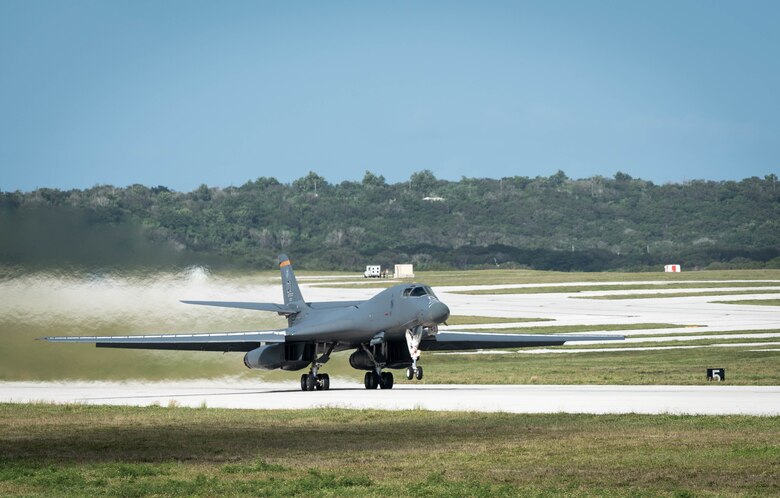 A U.S. Air Force B-1B Lancer assigned to the 9th Expeditionary Bomb Squadron, deployed from Dyess Air Force Base (AFB), Texas, takes off March 10, 2017, at Andersen AFB, Guam. The B-1B's are deployed to Andersen as part of U.S. Pacific Command's (USPACOM) Continuous Bomber Presence operations. This forward deployed presence demonstrates continuing U.S. commitment to stability and security in the Indo-Asia-Pacific region. Most importantly, these bomber rotations provide Pacific Air Forces and USPACOM commanders an extended deterrence capability. (U.S. Air Force photo by Senior Airman Joshua Smoot)