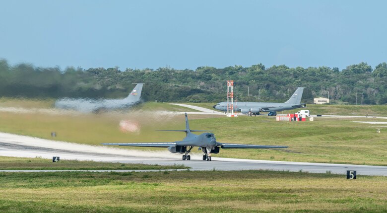 A U.S. Air Force B-1B Lancer assigned to the 9th Expeditionary Bomb Squadron, deployed from Dyess Air Force Base (AFB), Texas, takes off March 10, 2017, at Andersen AFB, Guam. The B-1B's are deployed to Andersen as part of U.S. Pacific Command's (USPACOM) Continuous Bomber Presence operations. This forward deployed presence demonstrates continuing U.S. commitment to stability and security in the Indo-Asia-Pacific region. Most importantly, these bomber rotations provide Pacific Air Forces and USPACOM commanders an extended deterrence capability. (U.S. Air Force photo by Senior Airman Joshua Smoot)