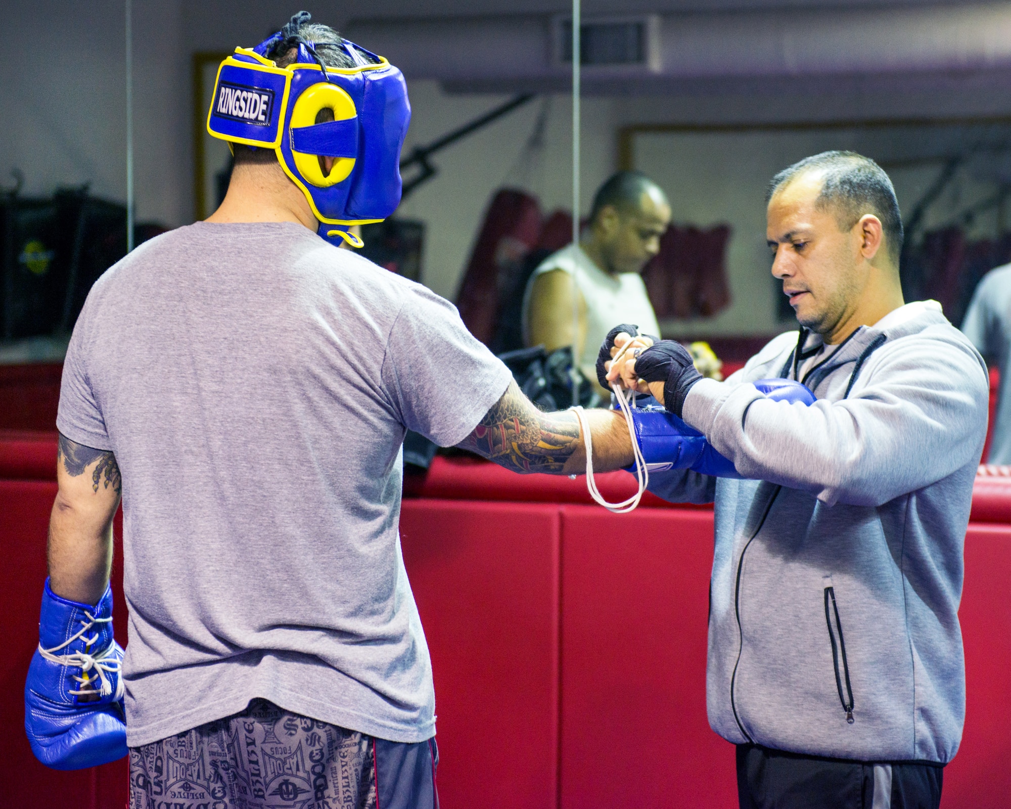 U.S. Air Force Capt. Eduardo Torrez, 60th Medical Operations Squadron, conducts a training session at the fitness center, Travis Air Force Base, Calif., Mar. 5, 2017. Torrez is a nurse at David Grant USAF Medical Center and was an amateur boxer before joining the Air Force. (U.S. Air Force photo/Louis Briscese)