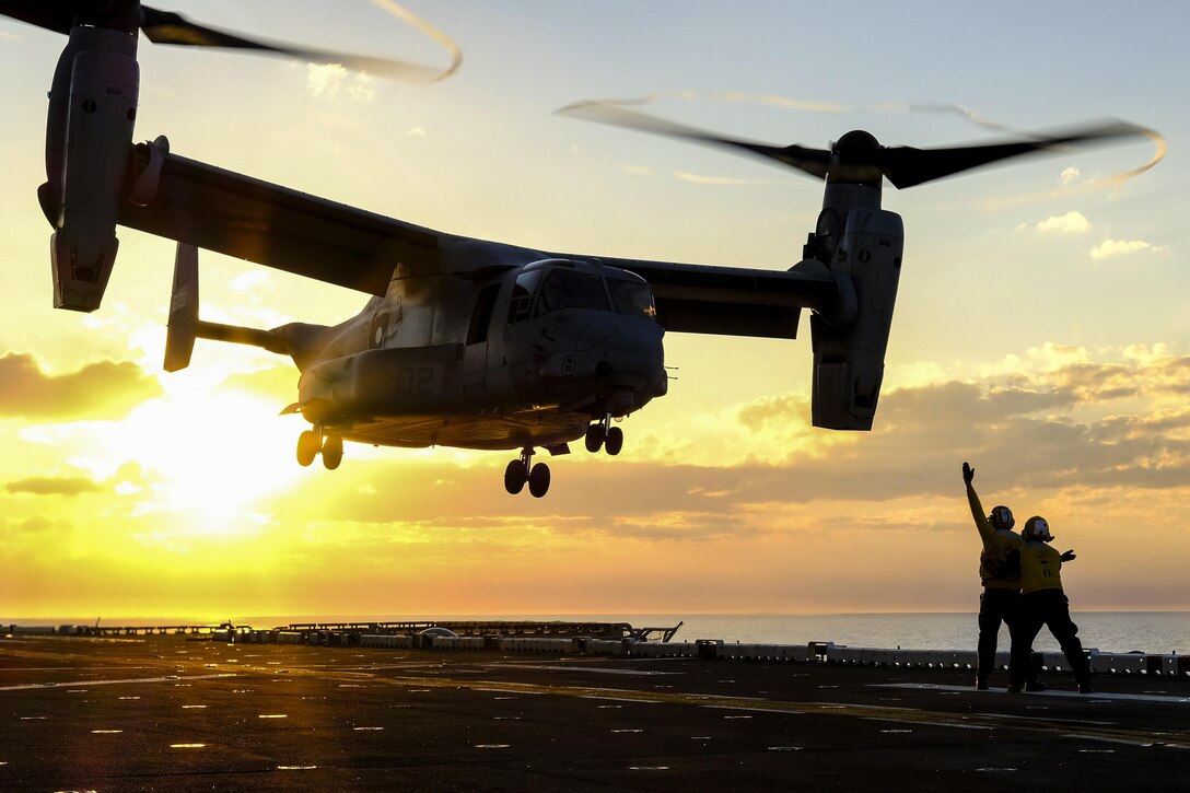 An MV-22B Osprey takes off from the amphibious assault ship USS Iwo Jima in the Atlantic Ocean, March 8, 2017. The ship is conducting a series of qualifications and certifications as part of the basic phase of training to prepare for future operations and deployments. The Osprey is assigned to Marine Medium Tiltrotor Squadron 162. Navy photo by Petty Officer 3rd Class Jess E. Toner