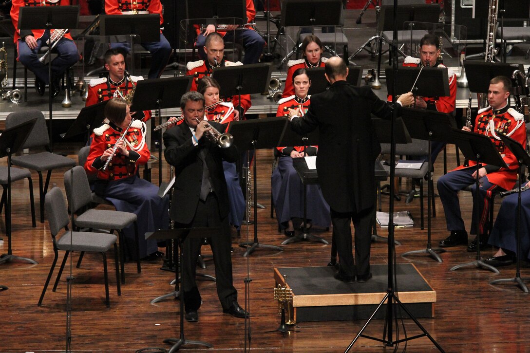 On March 10, 2017, the Marine Band performed at the Singletary Center in Lexington, Ky., as part of the 83rd convention of the American Bandmasters Association. Pictured, Ryan Anthony of the Dallas Symphony Orchestra performing Peter Meechan’s Song of Hope. (U.S. Marine Corps photo by Master Sgt. Amanda Simmons/released)
