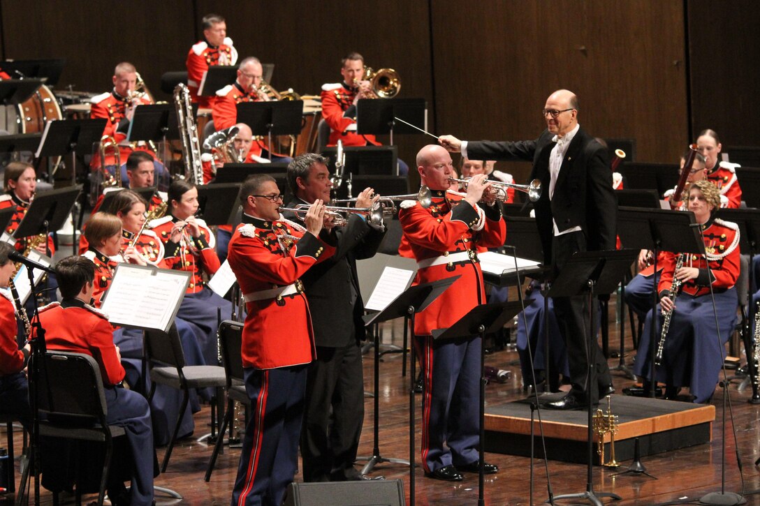 On March 10, 2017, the Marine Band performed at the Singletary Center in Lexington, Ky., as part of the 83rd convention of the American Bandmasters Association. Pictured ABA Past President Dr. Terry Austin, Director of Bands, Virginia Commonwealth University, conducting Trumpets on Parade. (U.S. Marine Corps photo by Master Sgt. Amanda Simmons/released)