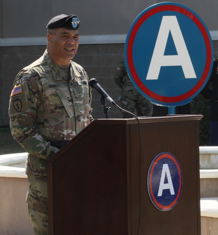 Lt. Gen. Michael Garrett, U.S. Army Central, commanding general, speaks during the change of command ceremony for Headquarters and Headquarters Battalion, USARCENT held at Shaw Air Force Base, S.C. March 3.