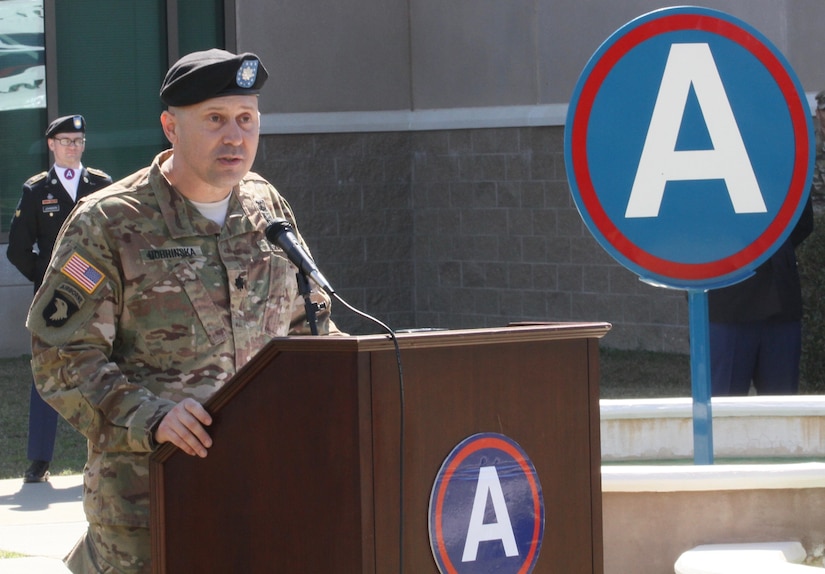 Lt. Col. James Dobrinska II, outgoing commander, Headquarters and Headquarters Battalion, U.S. Army Central, speaks during his change of command ceremony held at Shaw Air Force Base, S.C. March 3. (U.S. Army photo by Sgt. Victor Everhart Jr.)