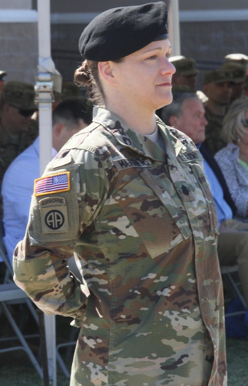 Lt. Col. Lindsay Matthews, commander, Headquarters and Headquarters Battalion, U.S. Army Central, observes her new unit during her change of command ceremony held at Shaw Air Force Base, S.C. March 3. (U.S. Army photo by Sgt. Victor Everhart Jr.)
-