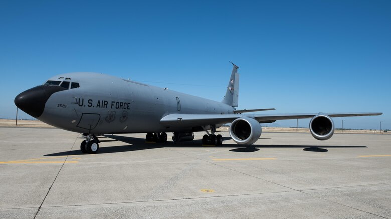 The first KC-135 Stratotanker to arrive at Beale Air Force Base since the 940th Air Refuwling Wing's re-designation in June, 2016 sits on the ramp. (U.S. Air Force Photo by Staff Sgt. Brenda H. Davis)