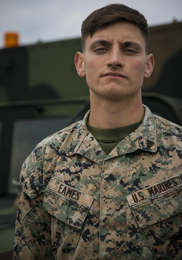 Cpl. Dennis M. Eames earned the title of the 2016 Motor Transportation Operator of the Year. The winners were announced Feb. 17, 2017. Eames, an Antioch, Illinois, native, is with Marine Wing Support Squadron 172, Marine Aircraft Group 36, 1st Marine Aircraft Wing, III Marine Expeditionary Force, stationed on Camp Foster, Okinawa, Japan. (U.S. Marine Corps photo by Cpl. Amaia Unanue)
