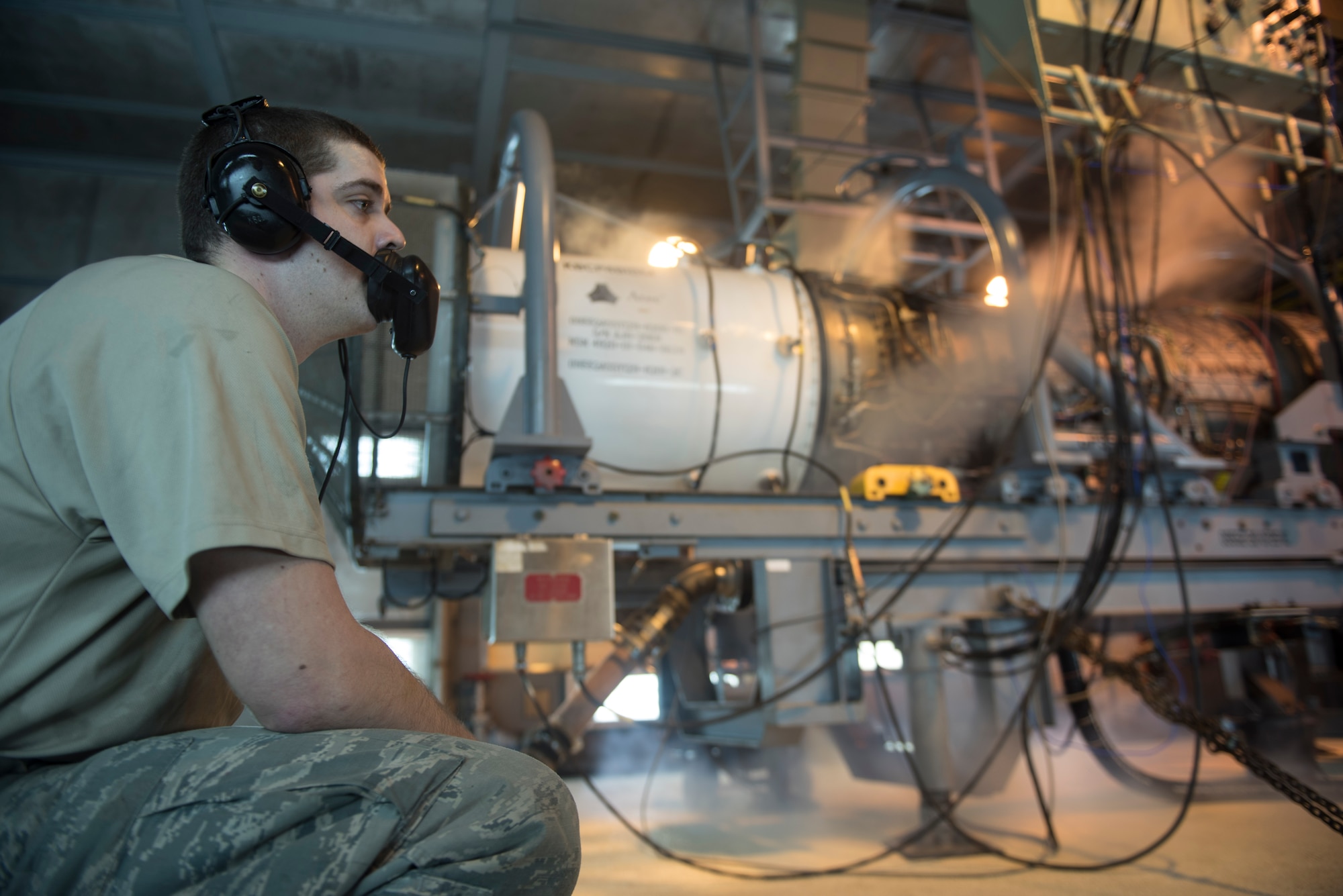 U.S. Air Force Staff Sgt. Donovan Walters, 18th Component Maintenance Squadron aerospace propulsion craftsman, performs an engine test March 10, 2017, at Kadena Air Base, Japan. Units are tested for a variety of reasons, particularly when major components have been replaced. This testing helps to run new parts through the old system for functionality. (U.S. Air Force photo by Airman 1st Class Quay Drawdy)