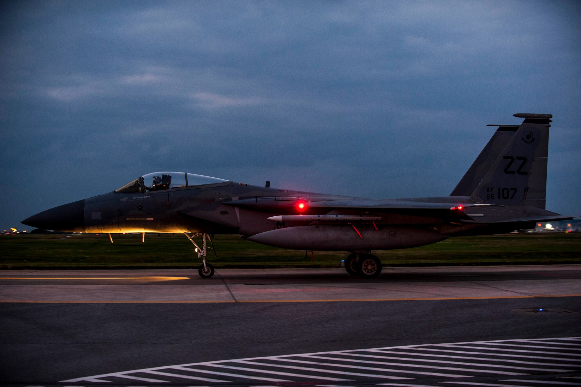 An F-15 Eagle from the 67th Fighter Squadron taxis across the flightline Feb. 7, 2017, on Kadena Air Base, Japan. The 67th FS is one of two squadrons of F-15 Eagles stationed on Kadena alongside the 44th Fighter Squadron. (U.S. Air Force photo by Senior Airman Nick Emerick/Released)