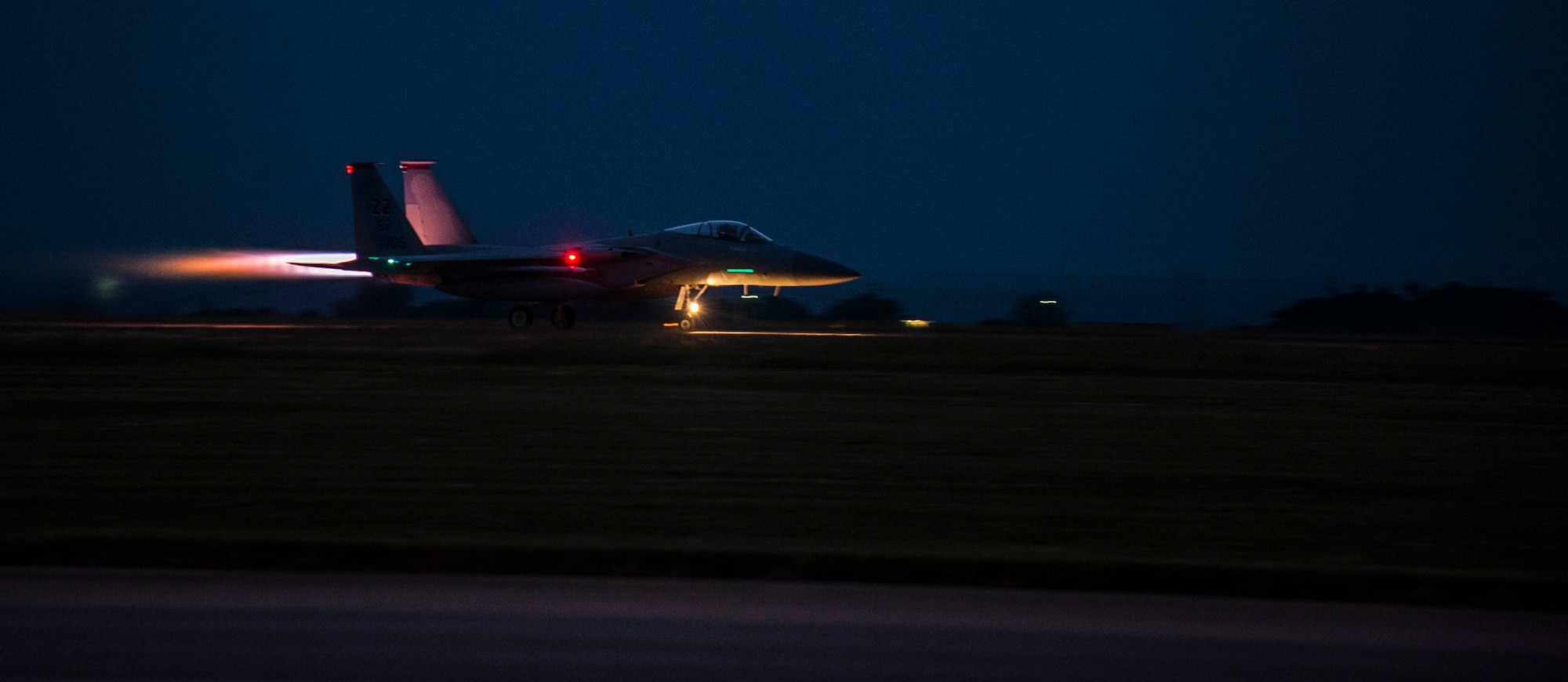 An F-15 Eagle from the 67th Fighter Squadron takes off from the runway Feb. 7, 2017, on Kadena Air Base, Japan.  The 44th FS and 67th FS are the only F-15 units in the Asian-Western Pacific area of operations. (U.S. Air Force photo by Senior Airman Nick Emerick/Released)