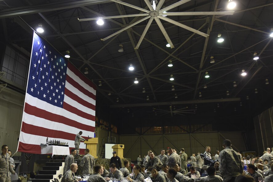 Members from the 8th Fighter Wing gather in Hangar 3 here March 10, 2017 to recognize airmen from multiple maintenance career fields for their outstanding achievements in the Maintenance Professional of the Year banquet at Kunsan Air Base, Republic of Korea. This year's event, hosted by Col. James "Phoenix" Long, 8th Maintenance Group commander, was presided over by Maj. Gen. James Slife, Deputy Chief of Staff for the UN Command and U.S. Forces Korea. (U.S. Air Force photo by Senior Airman Michael Hunsaker/Released)