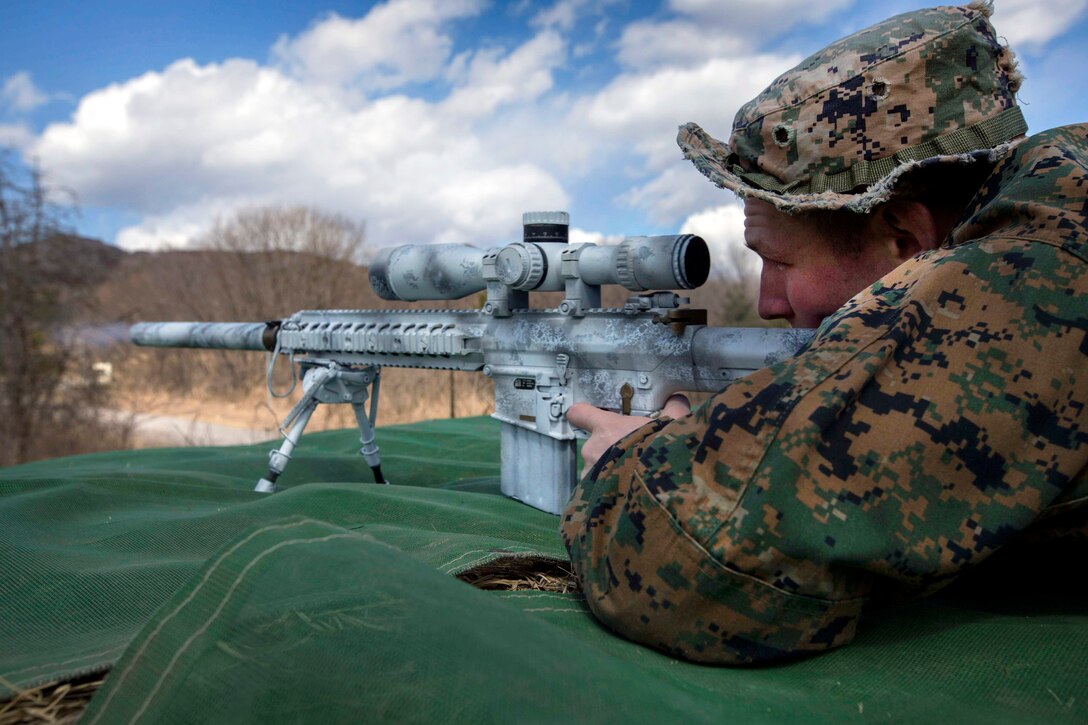 Marine Corps Lance Cpl. William Pearn fires at a target during exercise Forest Light 17 at Somagahara, Japan, March 8, 2017. Pearn is a machine gunner in training for scout sniper school and is assigned to Golf Company, 2nd Battalion, 3rd Marine Regiment, 3rd Marine Expeditionary Force. Marine Corps photo by Lance Cpl. Juan C. Bustos