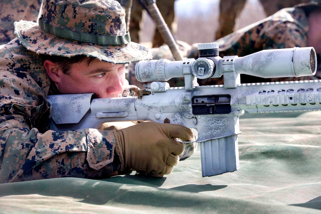 Navy Petty Officer 3rd Class Bryce Meeker, sights into a M110 semi-automatic sniper rifle during exercise Forest Light 17 at Somagahara, Japan, March 8, 2017. Meeker is a hospital corpsman assigned to Golf Company, 2nd Battalion, 3rd Marine Regiment, which supports III Marine Expeditionary Force. Marine Corps photo by Lance Cpl. Juan C. Bustos