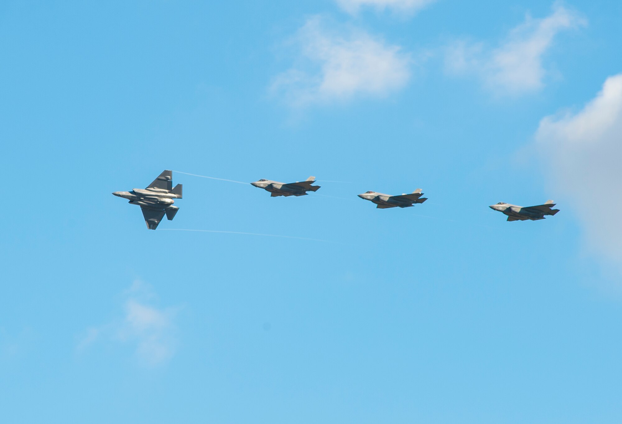 170125-N-VS214-006
LEMOORE, Calif. (Jan. 25, 2016) Four F-35C Lightning II joint strike fighters fly in formation over Naval Air Station Lemoore, Calif. The F-35C will enhance the flexibility, power projection, and strike capabilities of carrier air wings and joint task forces. (U.S. Navy photo by Mass Communication Specialist 3rd Class Zachary Eshleman/Released)
