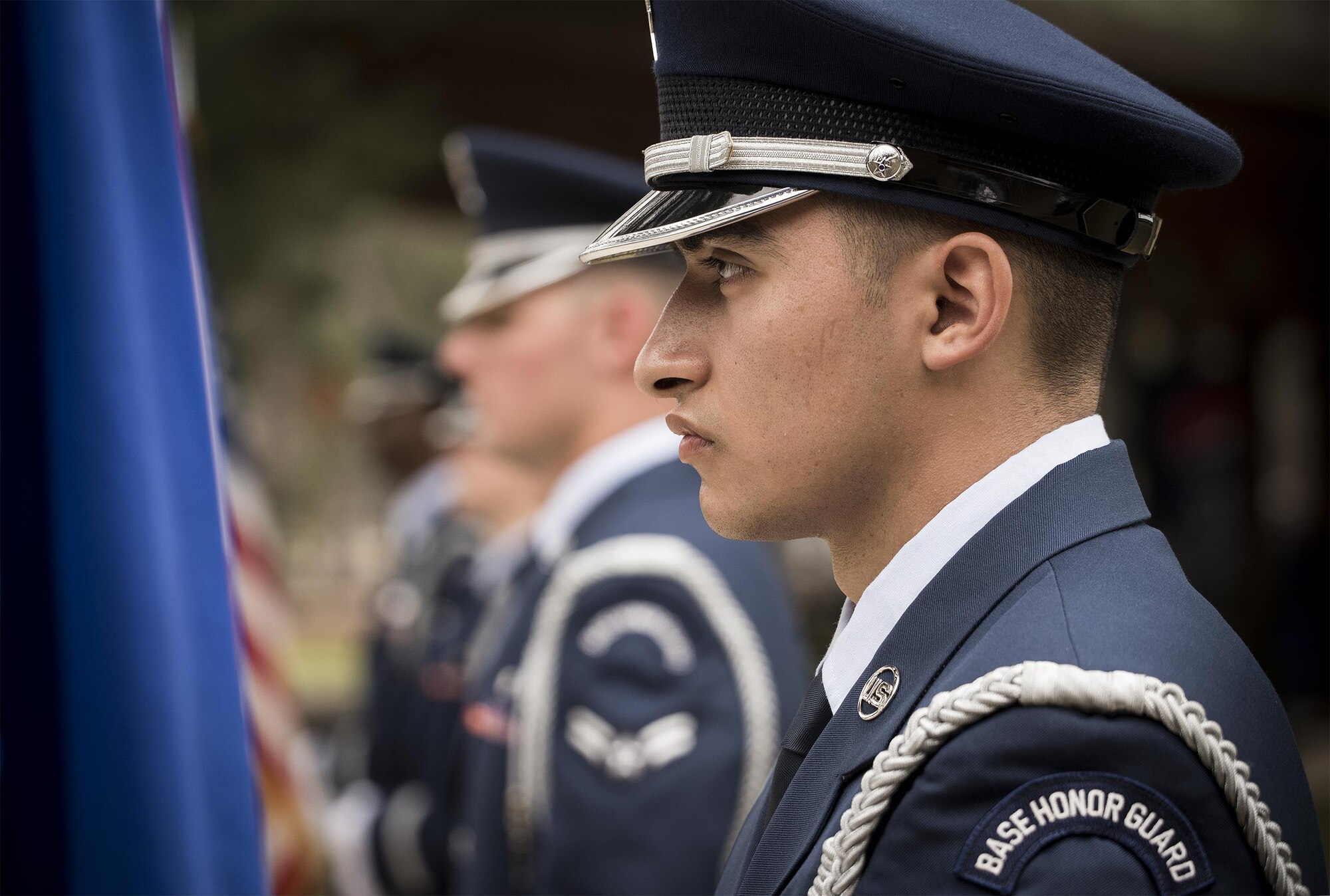Senior Airman Blake Banning, 33rd Maintenance Squadron stands in a row of new Honor Guard Airmen prior to the unit’s graduation ceremony at Eglin Air Force Base, Fla., March 1.  Approximately 12 new Airmen graduated from the 120-plus-hour course. The graduation performance includes flag detail, rifle volley, pall bearers and bugler for friends, family and unit commanders. (U.S. Air Force photo/Samuel King Jr.)