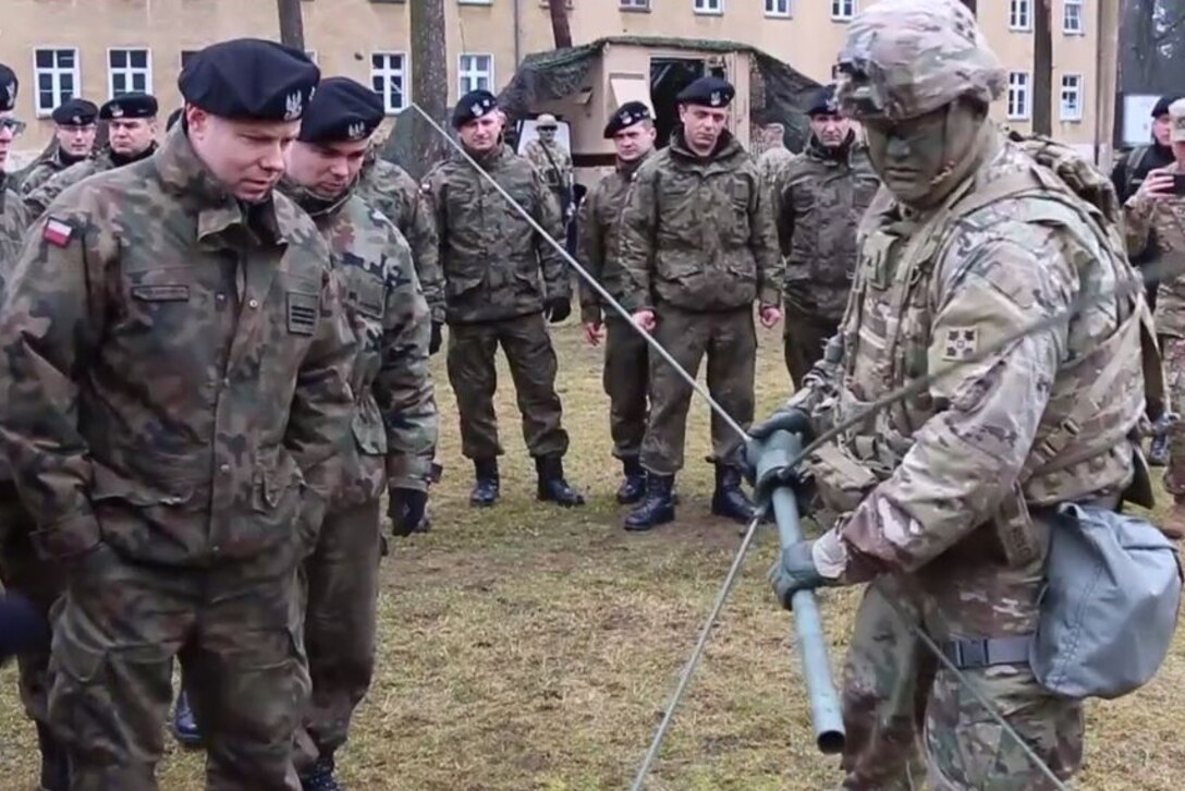 U.S. soldiers demonstrate communication capabilities during Operation Atlantic Resolve in Zagan, Poland, March 10, 2017. Screen shot from video by Army Sgt. Austin Majors