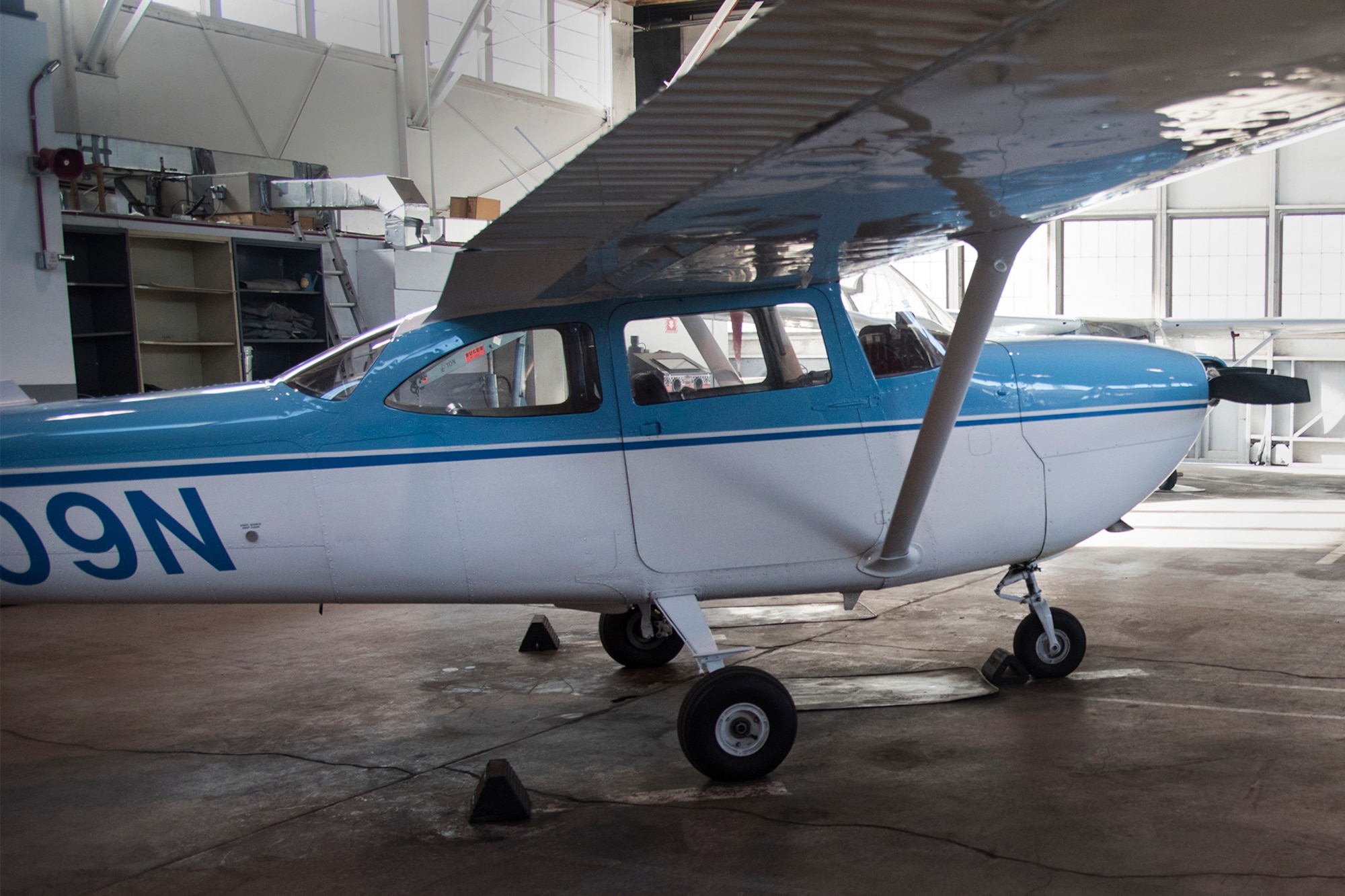 A Cessna T-41D, assigned to the Rocky Mountain U.S. Air Force Flight Training Center, also known as the Peterson Aero Club, is the first of six airplanes damaged by the July 2016 hailstorm to return to the aero club’s fleet, Feb. 23, 2017, on Peterson Air Force Base, Colo. The Peterson Aero Club offers training courses for pilots, pilots who want to get different ratings, private pilot license, and several other certifications to Department of Defense military and civilian members. (U.S. Air Force photo by Staff Sgt. Tiffany Lundberg)